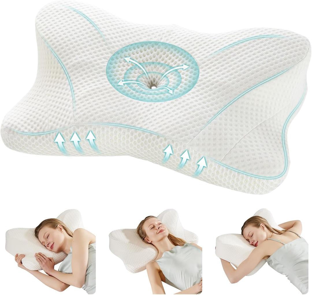 NEWBULIG Cervical Neck Pillow, Ergonomic Memory Foam Pillow for Neck Pain Relief, Contour Bed Pillow with Neck Support for Side, Back & Stomach Sleepers, Queen, White