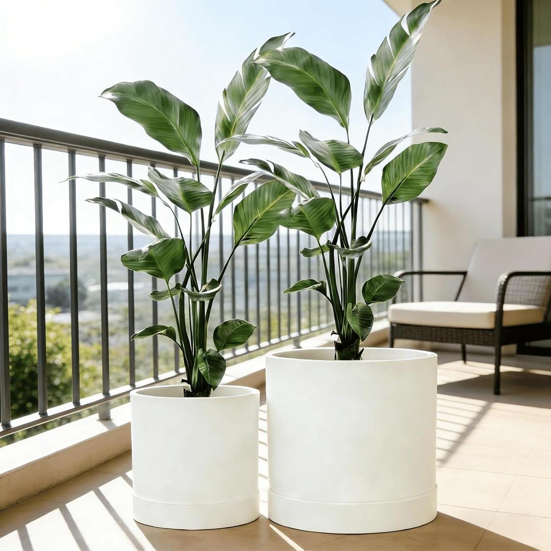 GreenShip Planter Set of 2 (13.8" & 11.8") – Cylinder Planters with Drainage Hole and Planter Saucer, Jun Porcelain Clay & Recycled Resin, Decorate Home,Office & Outdoor,White pots, 13.7in+11.8in