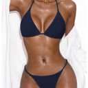 SHENHE Women's Ribbed Knit Halter Triangle Bikini Set Deep Blue (L)