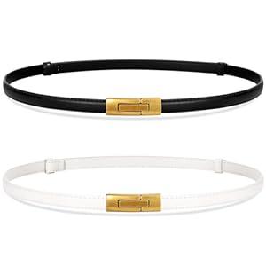 VONMELLI 2 Pack Women Skinny Leather Belts Adjustable Thin Belts For Dress Jean Coat Slim Belts for Women Black+White M
