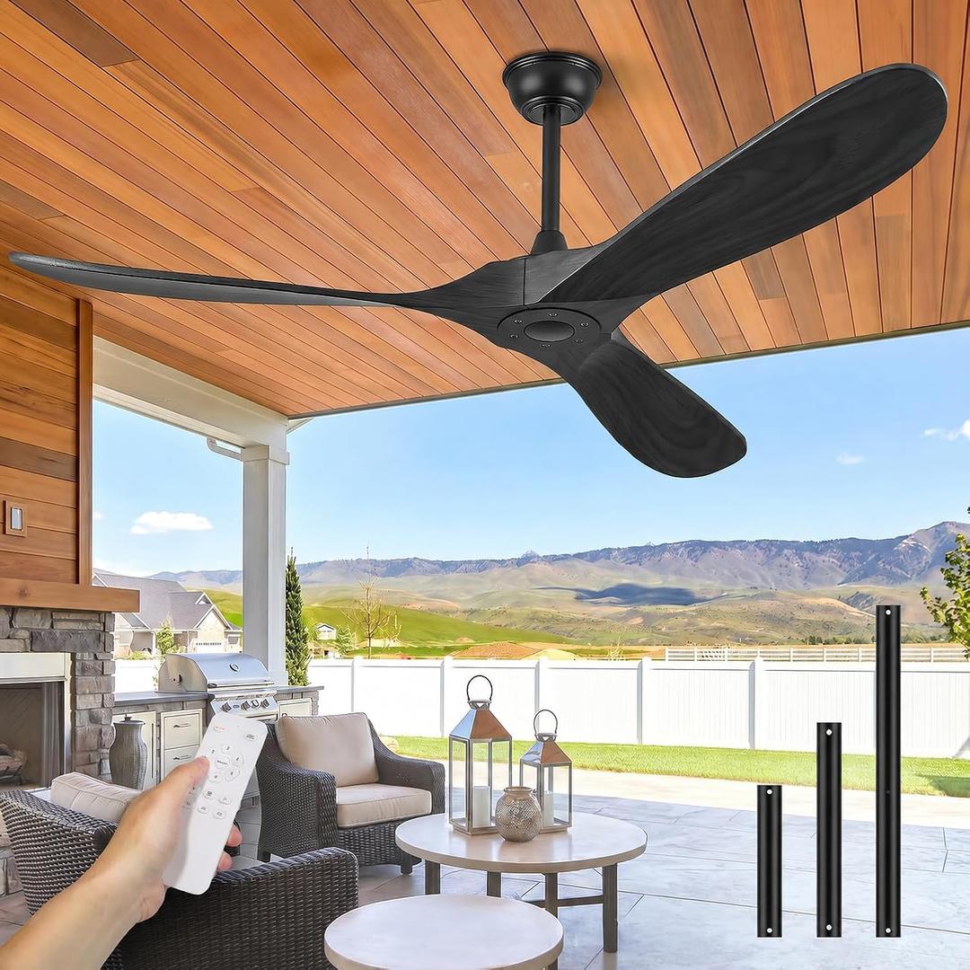 Obabala Black Ceiling Fan No Light, 52" Outdoor Fans for Patios/Porch/Bedroom/Kitchen with Remote, Noiseless, 3 Downrods, 6 Speed, Reversible DC Motor, Modern, 3 Blades, Timer
