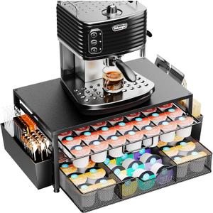 K Cup Holder Organizer, 2-Tier Coffee Pod Holder for 63 Large/80 Small Capsules with Storage Drawer & 2 Accessory Holders, Kcup Organizer for Countertop Coffee Station in Kitchen, Office, Coffee Bar