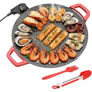 Electric Indoor Grill Nonstick Smokeless, 14 Inch Round Griddle with Temperature Control, Includes Oil Brush & Food Tongs for Kitchen, BBQ, Pan Searing Steak, Pancakes