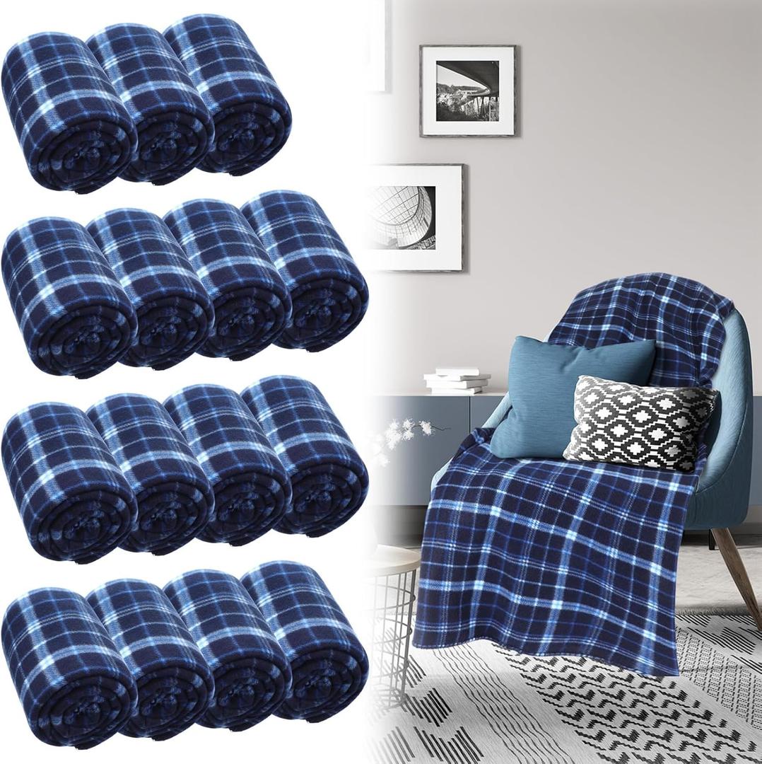 Newwiee 15 Pcs Buffalo Plaid Fleece Throw Blanket for Couch 50 X 60 Soft Plaid Throw Blankets Bulk Lightweight Warm Fuzzy Blanket for Couch Bed Office Travel Outdoor (Blue)