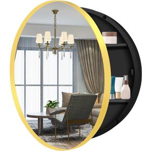 26 Inch Round Medicine Cabinet with Mirror, Gold Bathroom Medicine Cabinet for Wall Metal Framed, Surface Mount Only Circular Storage Cabinet with Vanity Mirror