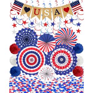 33 Pcs 4th/Fourth of July Memorial Day Decorations, Patriotic Decorations Outdoor Indoor Office USA Banner Red White Blue Star Streamer Hanging Swirls Veterans Day Decor for Independence Day