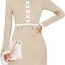 ZESICA Women's Fall Long Sleeve Bodycon Sweater Dress Crewneck Button Knit Color Block Party Mini Dresses (Medium, Red)