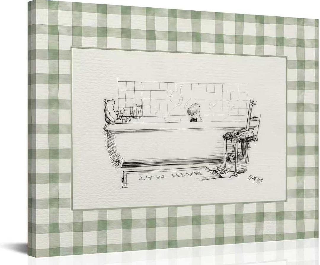 Minimalist Green Stripes Bathroom Framed Canvas Wall Art Bathtub Painting Picture Wall Decor Funny Bathroom Poster Print Artwork for Bedroom Living Room Restroom 16x24 Inch