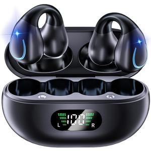 Open Ear Bone Conduction Headphones Bluetooth 5.3 Wireless Clip On Earbuds with Digital Display Charging Case 60 Hours Playtime Sport Earphones Built-in Mic IPX7 Waterproof for Running Fitness Black (YYK-Q71)