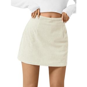 Wenrine Womens Corduroy Mini Skirt High Waisted Basic Casual A-line Short Fall Winter Skirts (Beige)