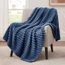 EXQ Home Fleece Throw Blanket for Couch or Bed - 3D Stripe Jacquard Decorative Blankets - Cozy Soft Lightweight Fuzzy Flannel Blanket Suitable for All Seasons(50"60",Dark Blue)