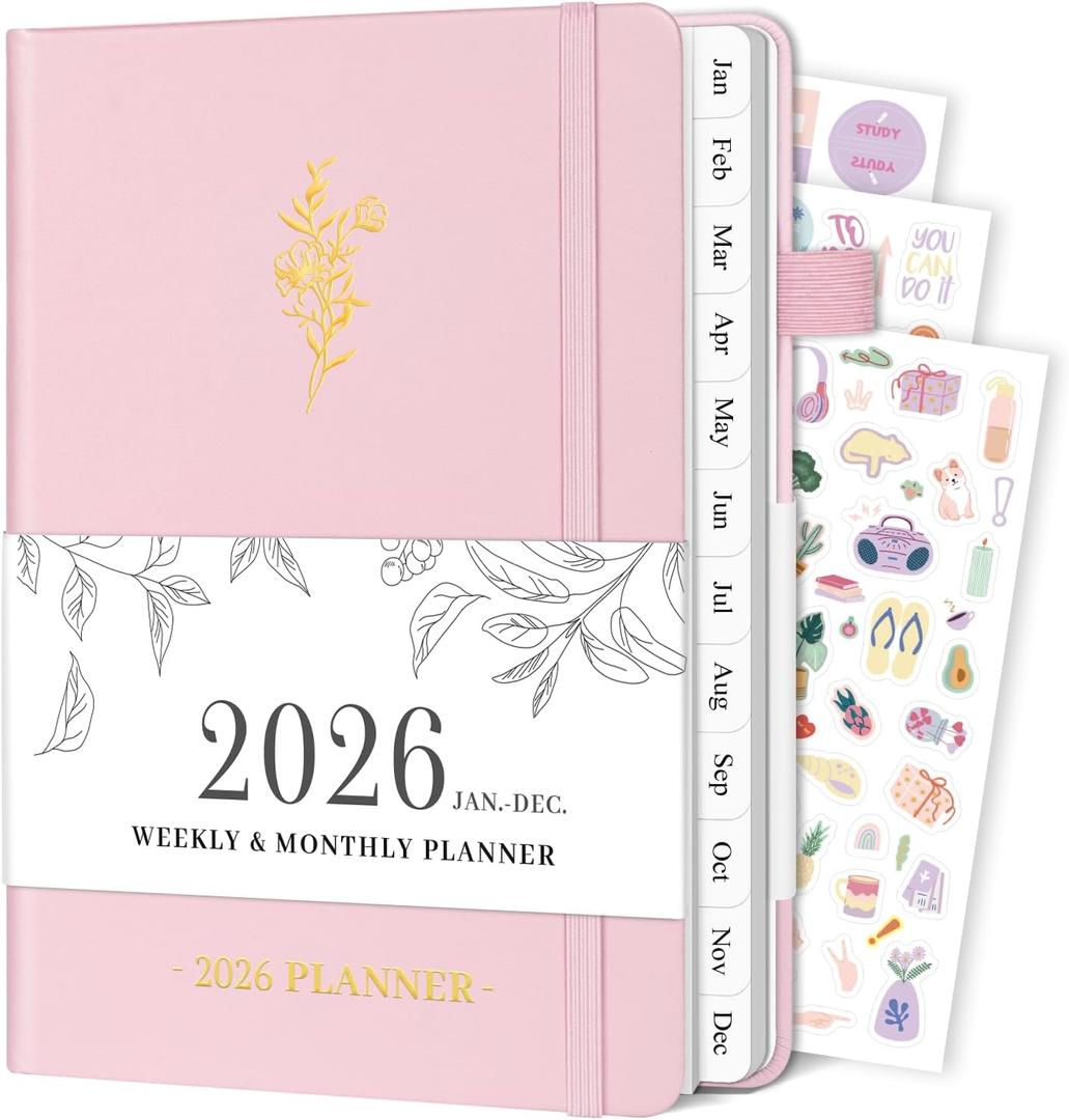 Planner 2026, Weekly and Monthly Planner with Tabs from Jan 2026 - Dec 2026, A5 Hardcover Academic Calendar with Date for School & Office Schedule, 5.8" x 8.3", Pink