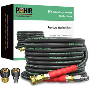 POHIR 3/8 Inch Pressure Washer Hose 25 FT with Adapter Set, 4800PSI Hot and Cold Water Max 248F, High Tensile Wire Heavy Duty Commercial Grade Hose, 2pcs M22 14mm to 3/8 Quick Connect Accessories
