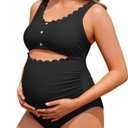 Charmo Maternity One Piece Swimsuit Scalloped Cut Out Ruched High Waisted Scoop Neck Pregnancy Bathing Suit (Medium, Black)