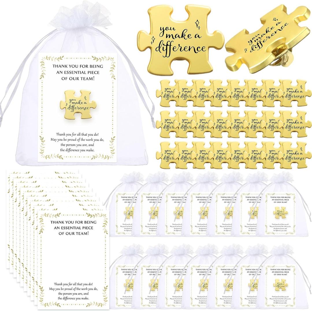 Employee Appreciation Gifts Bulk Puzzle Piece Lapel Pin Thank You Card and Organza Bag Building Recognition Soccer Baseball Team Gift for Employee Office Staff Coworker