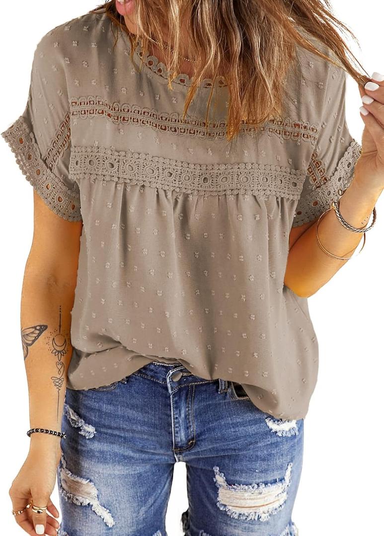 Dokotoo Womens Summer Tops Lace Crochet Short Sleeve Shirts Chiffon Blouses | Blouses for Women Dressy Casual, Solid Loose Fit, Fashion Womens Summer Outfits, Lightweight Pom Boho Tops, Back Button Down (Beige, XXL)