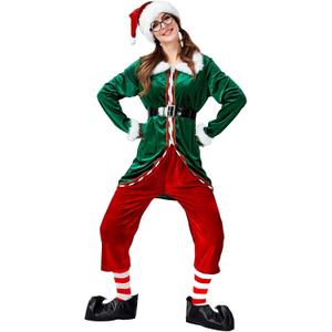 GRAJTCIN Unisex Christmas Elf Costume Adult 6 Pieces Velvet Santa's Helper Holiday Cosplay Outfit (Green)