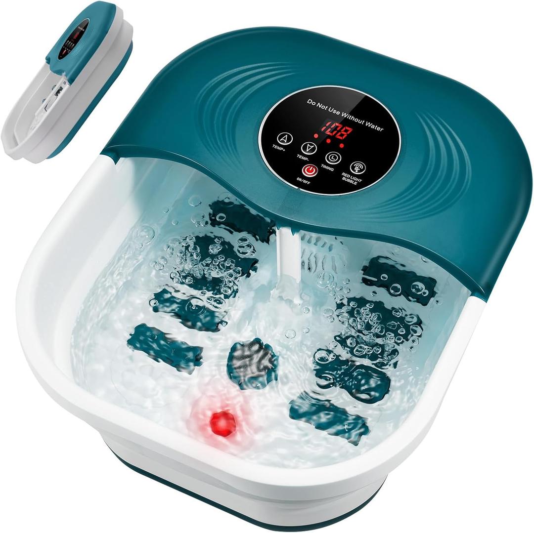 Foot Spa Bath Massager with Heat, Bubble Jets, Red Light & Timer, Pedicure Foot Spa with 95-118 Temperature Control, 8 Shiatsu Rollers, Pumice Stone, Gift for Mom and Dad (Green)