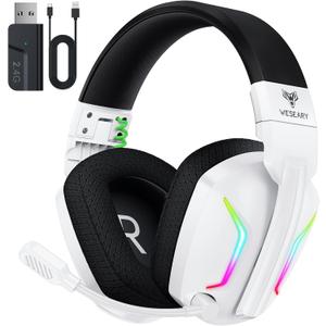 Wireless Gaming Headset for PC, PS5, PS4, Switch, Mac, 2.4GHz Wireless Gaming Headphones with ENC Noise Canceling Microphone, Bluetooth 5.4, Cool Lighting, 50H Battery, 50mm Drivers (Shadow White)