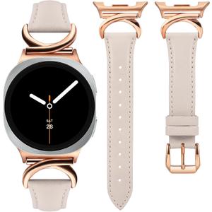 Minyee Leather Band Compatible with Samsung Galaxy Watch 8 40mm 44mm/ 8 Classic 46mm Bands, No Gap One-Click Slim Thin Dressy Leather Strap with C-Shape Metal Buckle Women, NOT for Other Models (Starlight/Rose Gold)