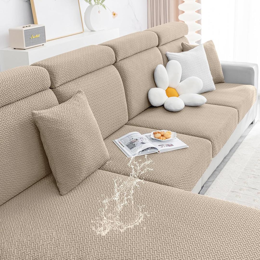 Smiry Waterproof Couch Cushion Covers, Stretch Jacquard Sectional Couch Covers, L Shape Chaise Lounge Sofa Slipcover, Washable Elastic Furniture Protector for Pets, Kid (Chaise Cover, Camel)
