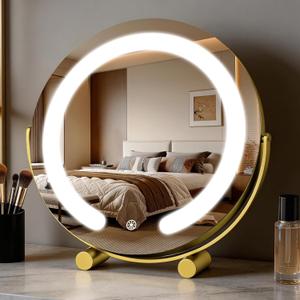 Vanity Mirror with Lights, 12" LED Makeup Mirror, HD Professional Mirror, Smart Touch with 3-Color Lighting, Dimmable, 360 Rotation, Lighted Up for Makeup Desk, Bedroom (Gold)