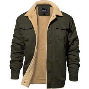 EKLENTSON Men's Winter Jacket Thick Thermal Cotton Warm Fleece Lined Coat Trucker Lapel Work Cargo Jackets for Men (Green, S)
