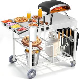 COZEER Pizza Oven Table for Ooni Pizza Ovens, Outdoor Grill Table for Blackstone Griddle, Pizzas Stands with Wheels, Pizzas Oven Accessories for Party Fits Blackstone Ninja Cuisinart Gozney