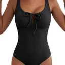 Aleumdr Womens Textured One Piece Swimsuit Tummy Control Bathing Suit Tie Knot Cutout Swimwear, Black (Medium)