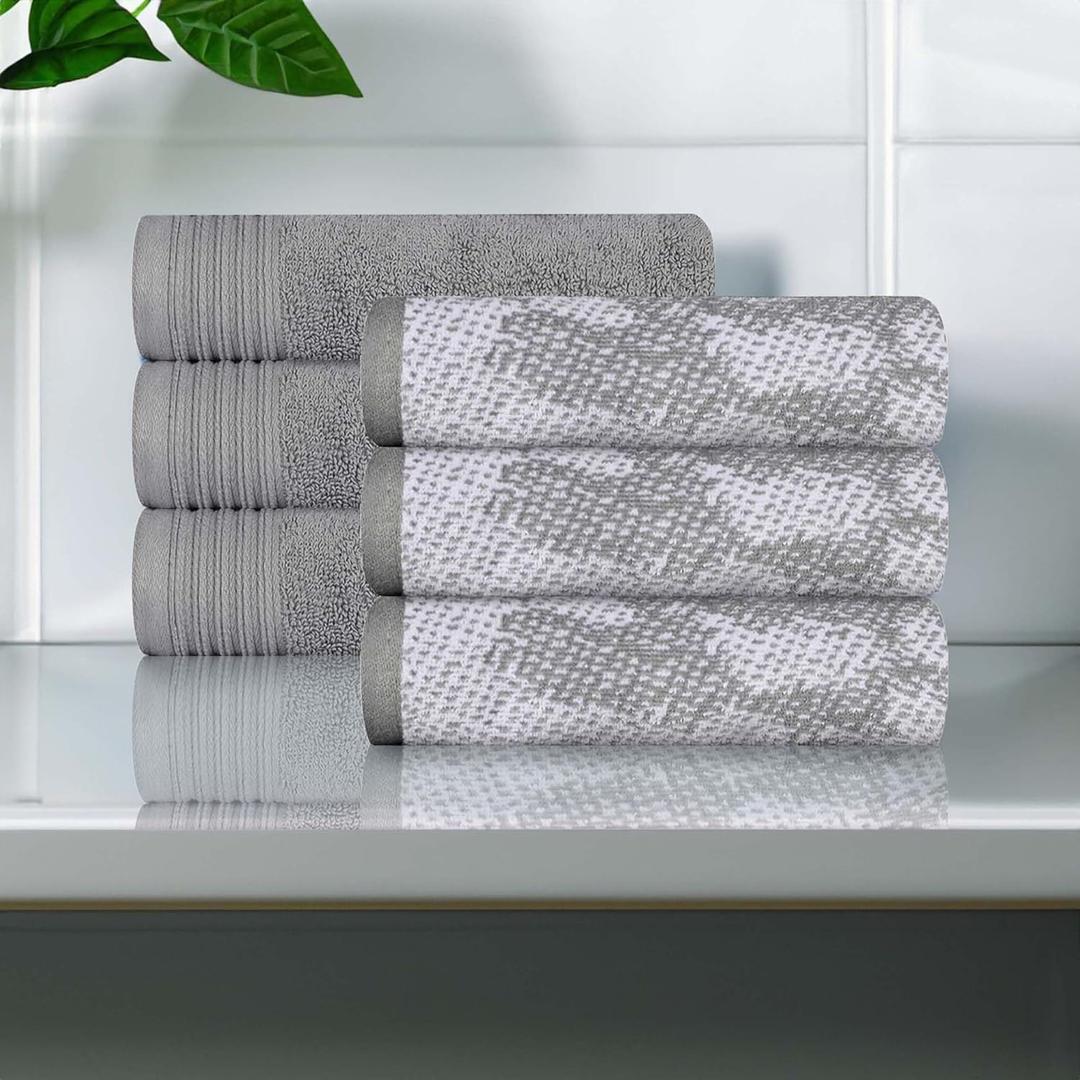Superior Cotton 6 Piece Assorted Solid and Marble Hand Towel Set, Daily Use, Soft, Absorbent, Decorative Bathroom and Kitchen Accessories, Home Essentials, Modern Aesthetic, Hand Towel, Grey