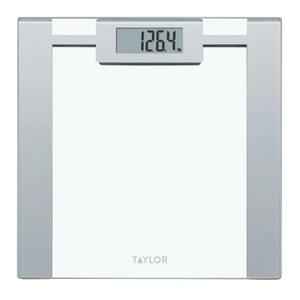 Taylor Weight Tracking Smart Scale for Body Weight with Bluetooth Sync, 330 lb Capacity, HSA/FSA Eligible, Glass & Metallic Silver Platform, Blue App, Clear