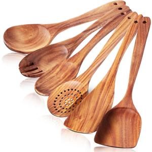 6 Pack Wooden Spoons For cooking  Heat-Resistant Wood Spatula with Comfort Grip, Lightweight Kitchen Cooking Utensils set, wood Spoon utensil Set Perfect for Non-Stick Cookware