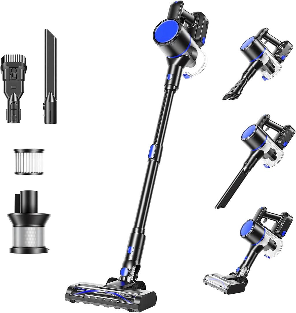 OLIXIS Cordless Vacuum Cleaner, Rechargeable Upright Cleaner with Flexible Steering, Extendable Wand, LED Headlight, 3 Brushes & Wall Mount, Handheld Vacuum for Hardwood Floor Home Cleaning