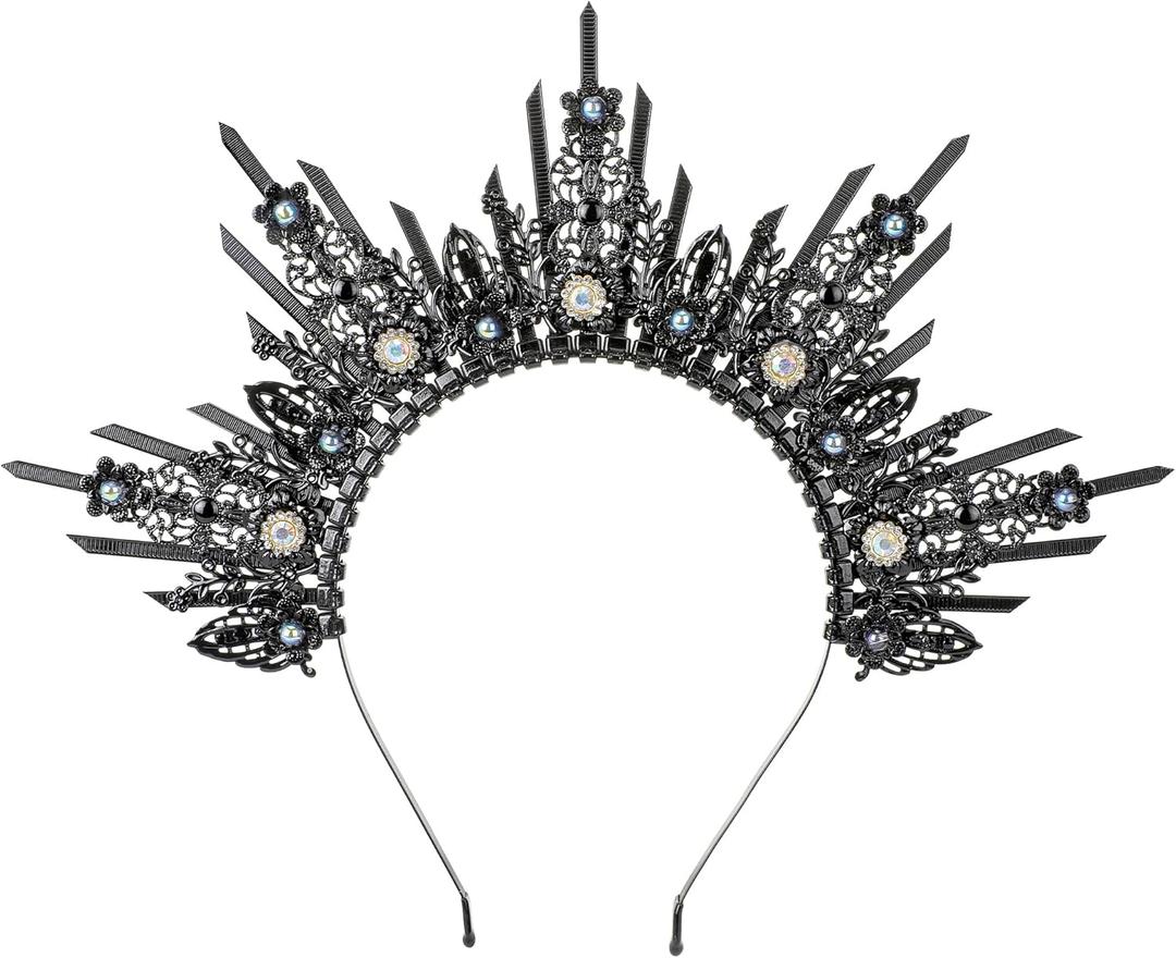 Sun Goddess Halo Crown - Moon Headband with Rhinestones, Zip Tie Renfaire Headpiece for Women Renaissance Halloween (Black Spiked)