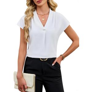 Blooming Jelly Womens Dressy Casual Blouse Business Casual Work Tops Metallic Accent V Neck Shirts Cap Sleeve Pleated Outfit (White, XL)