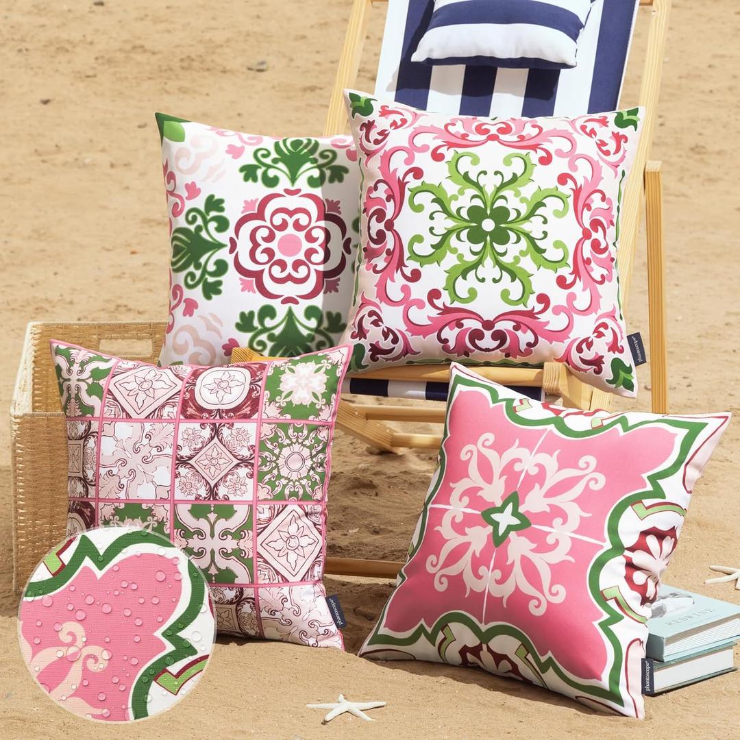 Phantoscope Set of 4 Outdoor Waterproof Throw Pillow Covers, Geometric, Decorative Boho Farmhouse Outdoor Pillows Cushion Case for Home Patio Furniture Tent Sunbrella, Pink/Green Fig 18x18 Inches