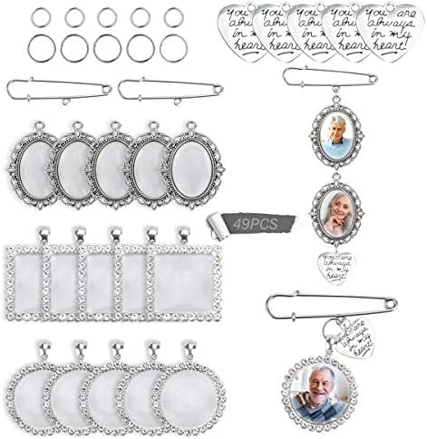 49PCS Wedding Bouquet DIY Photo Charm Oval Round Square Silver Pin Brooch Making Kit with Clear Glass Cabochons Heart Pendant Jump Rings for Craft Jewelry Making