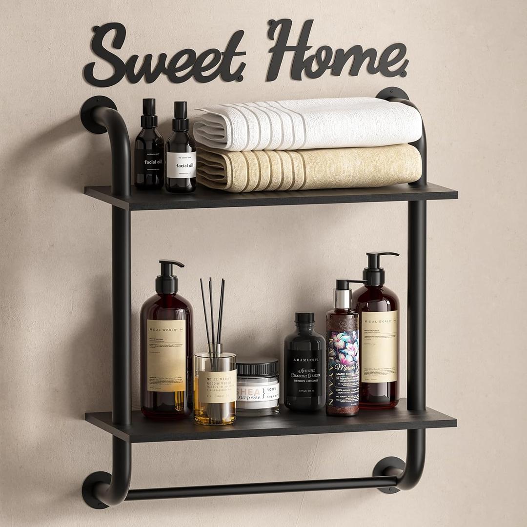 Bathroom Shelves Wall Mounted, Rustic Farmhouse Pipe Shelves, Wall Shelves 2-Tier, Industrial Pipe Shelving, Floating Shelf Decor for Bathroom, Kitchen, Bedroom, Living Room 17.3in Black