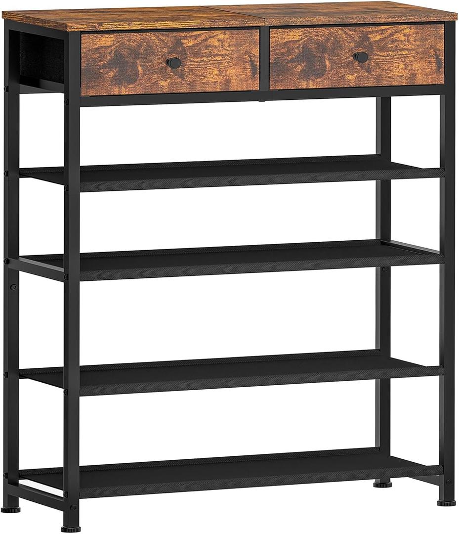 usikey Shoe Rack, 5 Tier Shoe Storage Organizer with 2 Drawers, Metal Shoe Shelf for 12-16 Pairs of Shoes, with 4 Fabric Shelves and Wooden Top, Shoe Stand for Closet Entryway, Rustic Brown (5 Tier ( 28.3 x 11 x 36.2 inches))