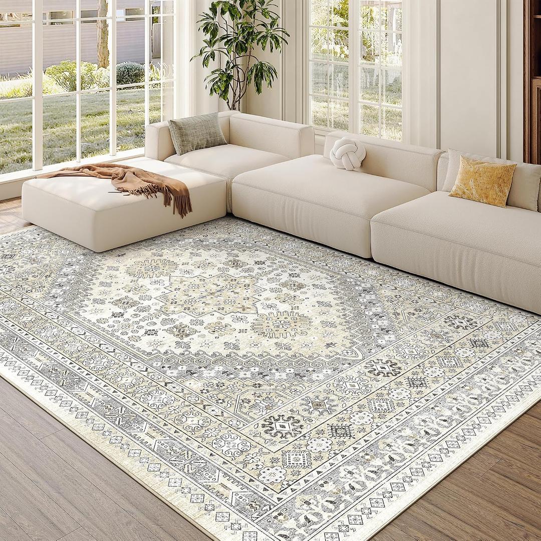 5x7 Area Rugs for Living Room,Large Washable Rug,Beige