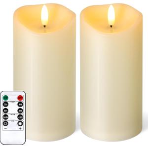 NURADA Outdoor Flameless Candles with Remote Timer - Waterproof Realistic Flickering LED Pillar Electric Battery Operated Fake Candle for Holiday Home Wedding Fireplace Decor - Ivory 2 Pack (6" 6")