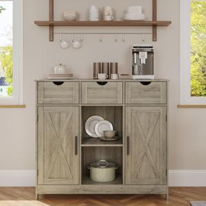 Viaozutis Storage Cabinet, Coffee Bar Cabinet with 2 Adjustable Shelves, 3 Drawers, and 2 Doors, for Bathroom, Kitchen, Living Room (Gray), 35.43"W x 31.49"H x 11.81"D