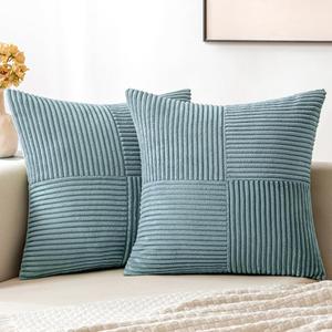 MIULEE Dusty Blue Corduroy Pillow Covers Pack of 2 Boho Decorative Spliced Throw Pillow Covers Soft Solid Couch Pillowcases Cross Patchwork Textured Cushion Covers for Living Room Bed Sofa 20x20 inch