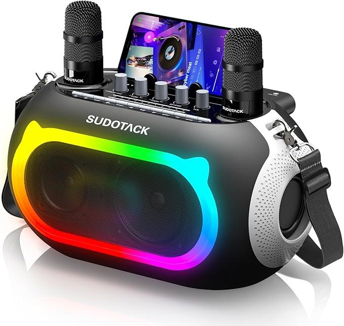 SUDOTACK Karaoke Machine with 2 Wireless Microphones, Karaoke Machine for TV, Portable Bluetooth Speaker with Echo/ Bass/ Treble Adjustment for Home Party/ Christmas/ Birthday Gifts (KM300)
