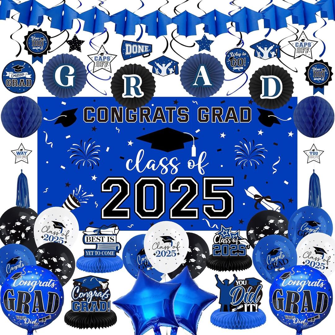 DAZONGE Blue Graduation Decorations 2025, Grad Party Decorations Set, Class of 2025 Backdrop, Honeycomb, Balloons & Hanging Swirl Kit, Graduation Party Supplies for Any Grade