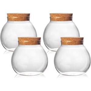 SET OF 4 ROUND GLASS JARS WITH CORK LID 17OZ WEDDING CANDY JAR KITCHEN JAR, PERFECT FOR TEA, BISCUITS, CEREALS, FLOUR, BEANS, SPICES, COFFEE BEANS ETC (4PCS)