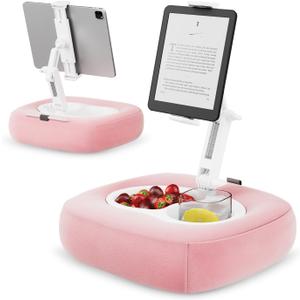 Tablet Pillow Stand, Adjustable Kindle Holder with 2 Snack Bowls, 360 Adjustable iPad Stand for Bed with 4.7''-13'' iPad, Kindle, Phone, Gift for Reading Accessories on Bed, Sofa, Pink