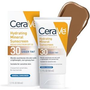 CeraVe Hydrating Mineral Sunscreen SPF 30 with Sheer Tint, Tinted Mineral Sunscreen with Zinc Oxide & Titanium Dioxide, Blends Seamlessly For Healthy Glow, Deep, 1.7 Oz