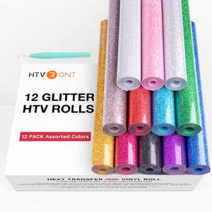HTVRONT Glitter HTV Heat Transfer Vinyl Bundle 12 Rolls - 10" x 5FT Glitter Iron on Vinyl, Easy to Cut Iron on Vinyl for Cricut & Cameo, Easy to Weed Heat Transfer Vinyl