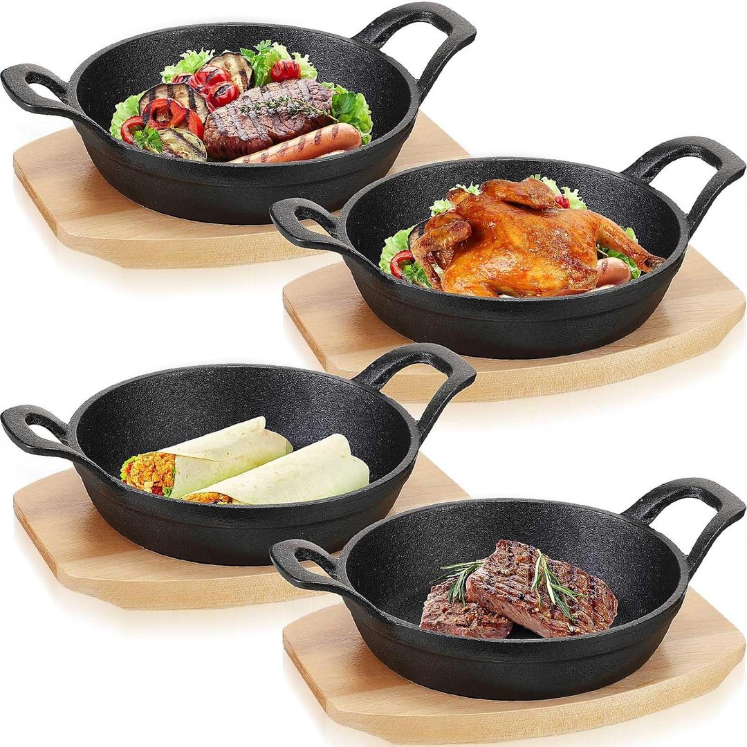 Sliner 4 Sets Mini Cast Iron Skillet Small Cast Iron Plates Skillet with Wooden Base Small Round Pan Fajita Plate Pot for Baking Cooking(4.9 Inches)